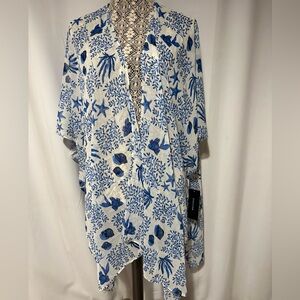 XL Seaside Motif Kimono Beach Pool Cover Up Blue & White Nautical Open Front